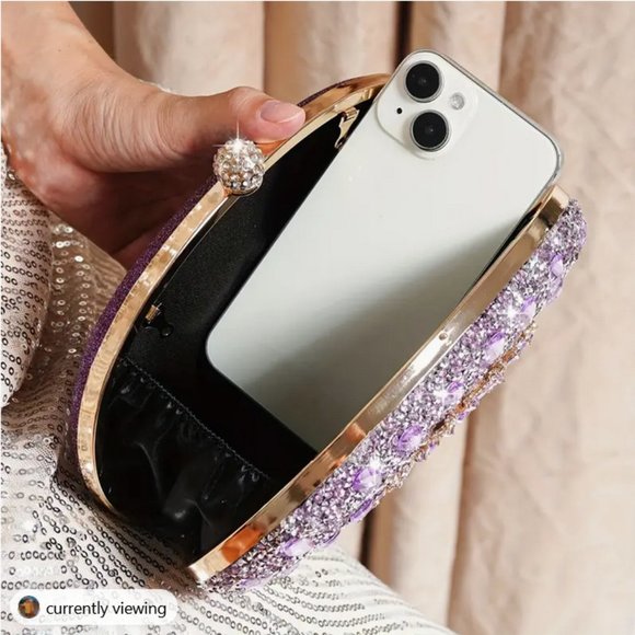 Flower Pattern black Rhinestone gold Metal Chain Handbag evening Clutch 8.2"x 5" - Picture 7 of 9